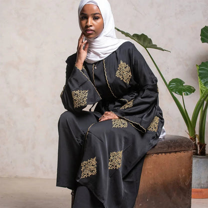 Gold Line Heavy Hand-Make Abaya Embroidery Cardigan Dubai Robe Kimono with Scarf