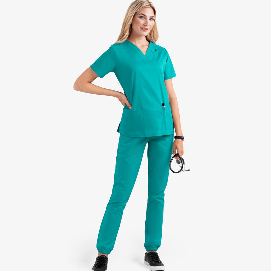 Women's V-neck nursing uniform, two-piece set with pockets.