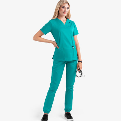 Women's V-neck nursing uniform, two-piece set with pockets.