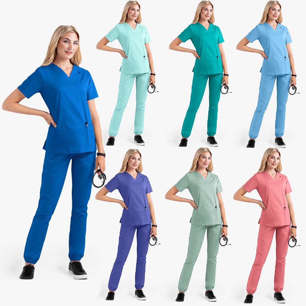 Women's V-neck nursing uniform, two-piece set with pockets.