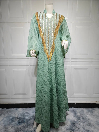 Moroccan Party Abaya: Sequined mesh kaftan, elegant long robe