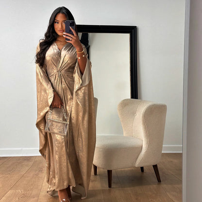  Shiny V-Neck Abaya: Modest, plus-size evening dress, Dubai fashion.