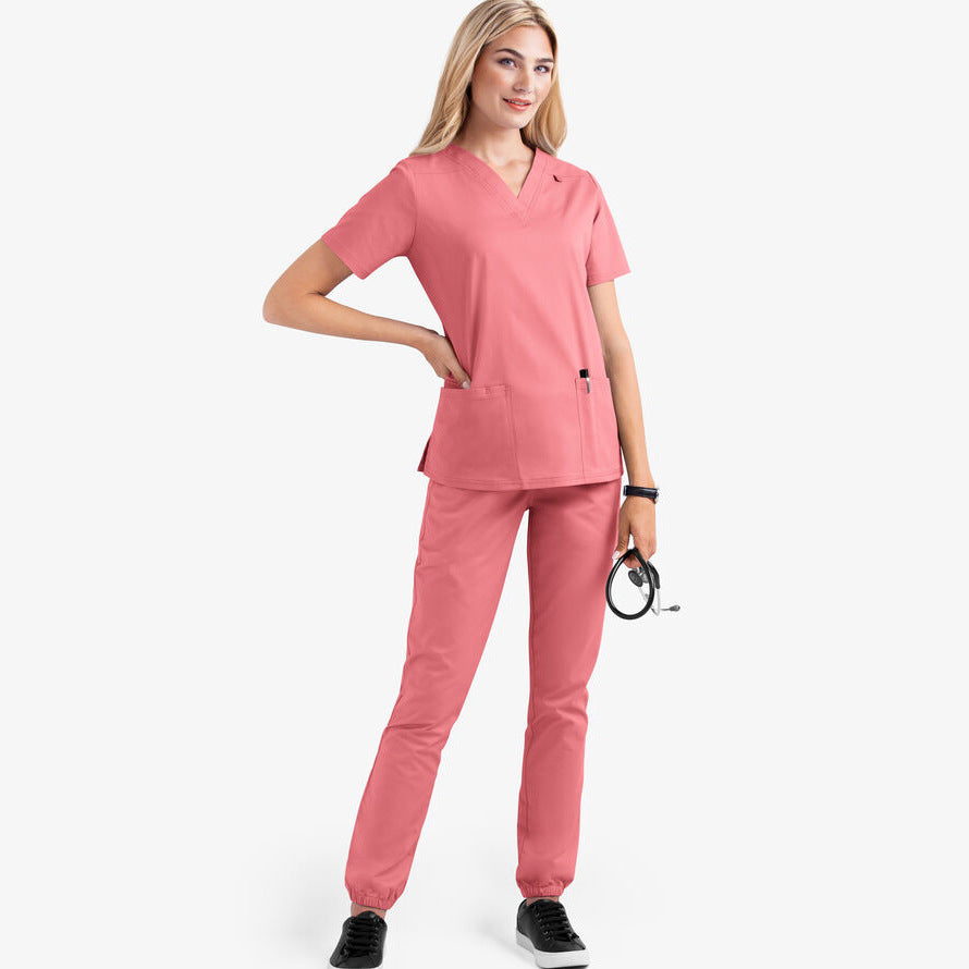 Women's V-neck nursing uniform, two-piece set with pockets.