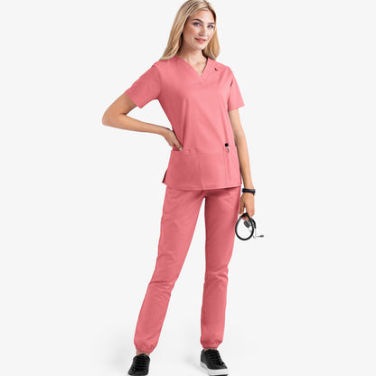 Women's V-neck nursing uniform, two-piece set with pockets.