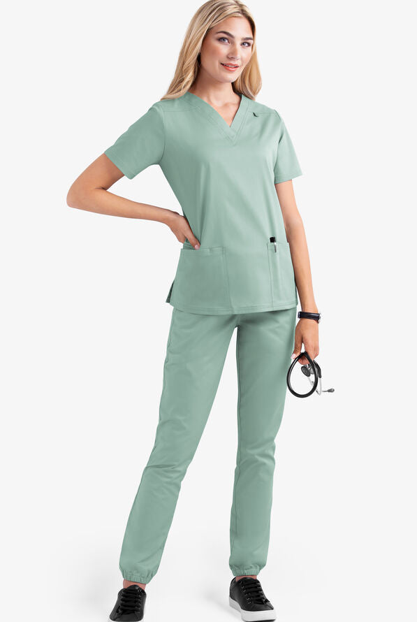 Women's V-neck nursing uniform, two-piece set with pockets.