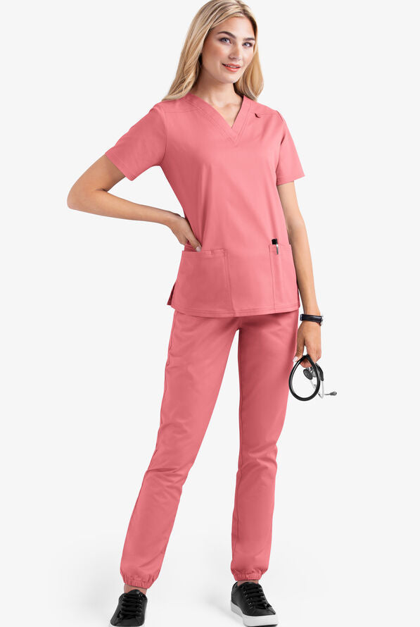 Women's V-neck nursing uniform, two-piece set with pockets.