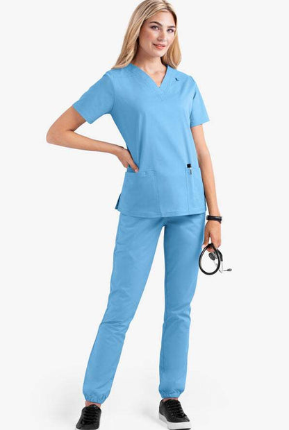 Women's V-neck nursing uniform, two-piece set with pockets.