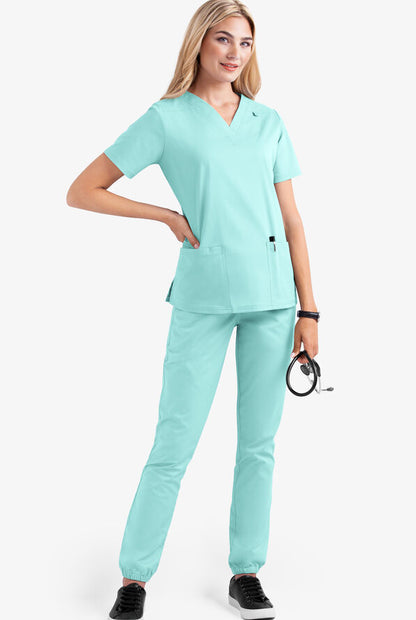 Women's V-neck nursing uniform, two-piece set with pockets.