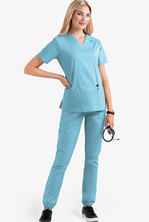 Women's V-neck nursing uniform, two-piece set with pockets.