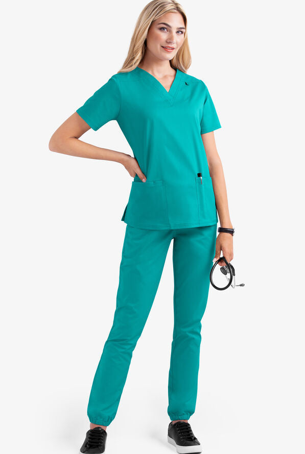 Women's V-neck nursing uniform, two-piece set with pockets.