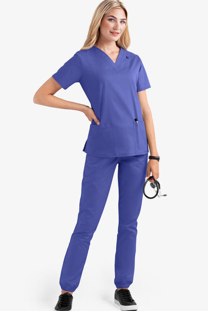 Women's V-neck nursing uniform, two-piece set with pockets.