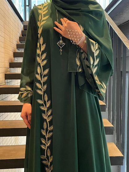 Embroidery Dress with Scarf 2 Piece Set Dubai Arab Long Robe Morocco Abayas Kaftan Headscarf Gorgeous