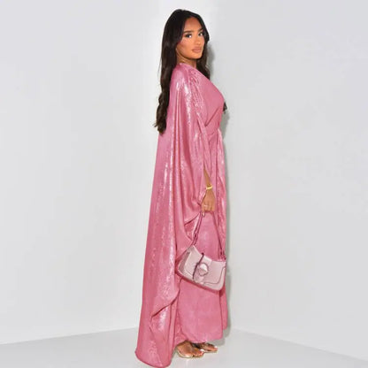  Shiny V-Neck Abaya: Modest, plus-size evening dress, Dubai fashion.