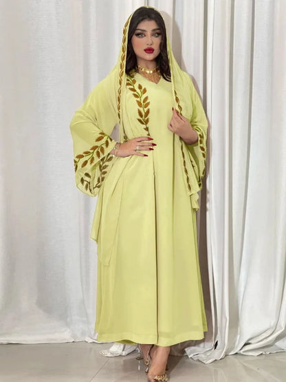 Embroidery Dress with Scarf 2 Piece Set Dubai Arab Long Robe Morocco Abayas Kaftan Headscarf Gorgeous