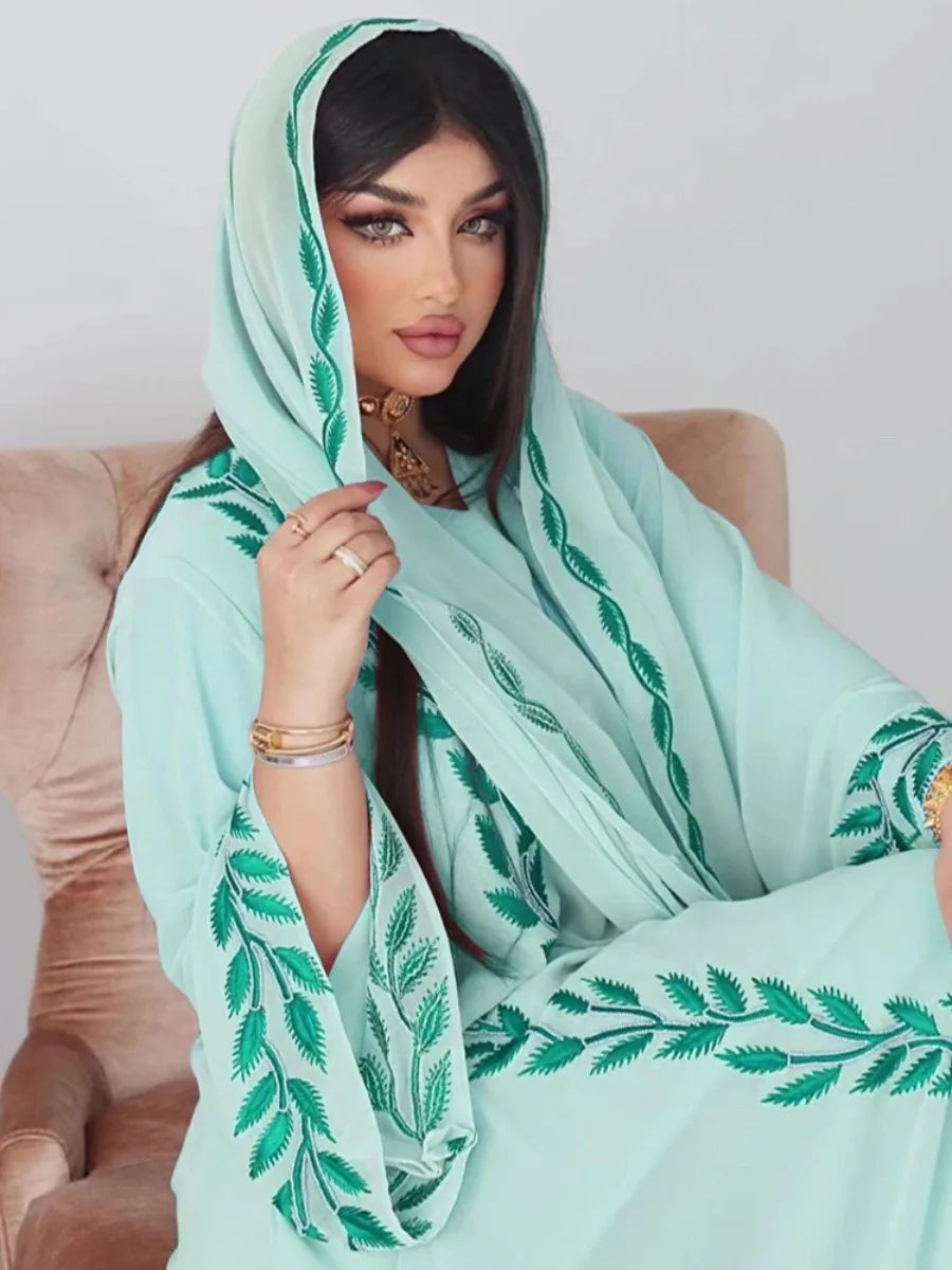 Embroidery Dress with Scarf 2 Piece Set Dubai Arab Long Robe Morocco Abayas Kaftan Headscarf Gorgeous