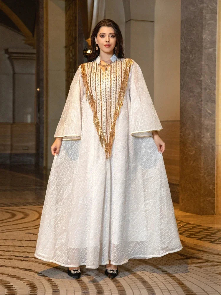 Moroccan Party Abaya: Sequined mesh kaftan, elegant long robe