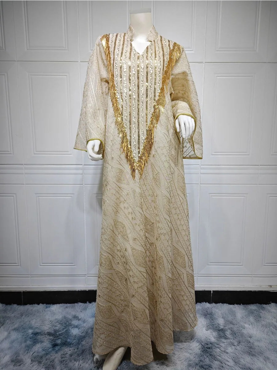 Moroccan Party Abaya: Sequined mesh kaftan, elegant long robe