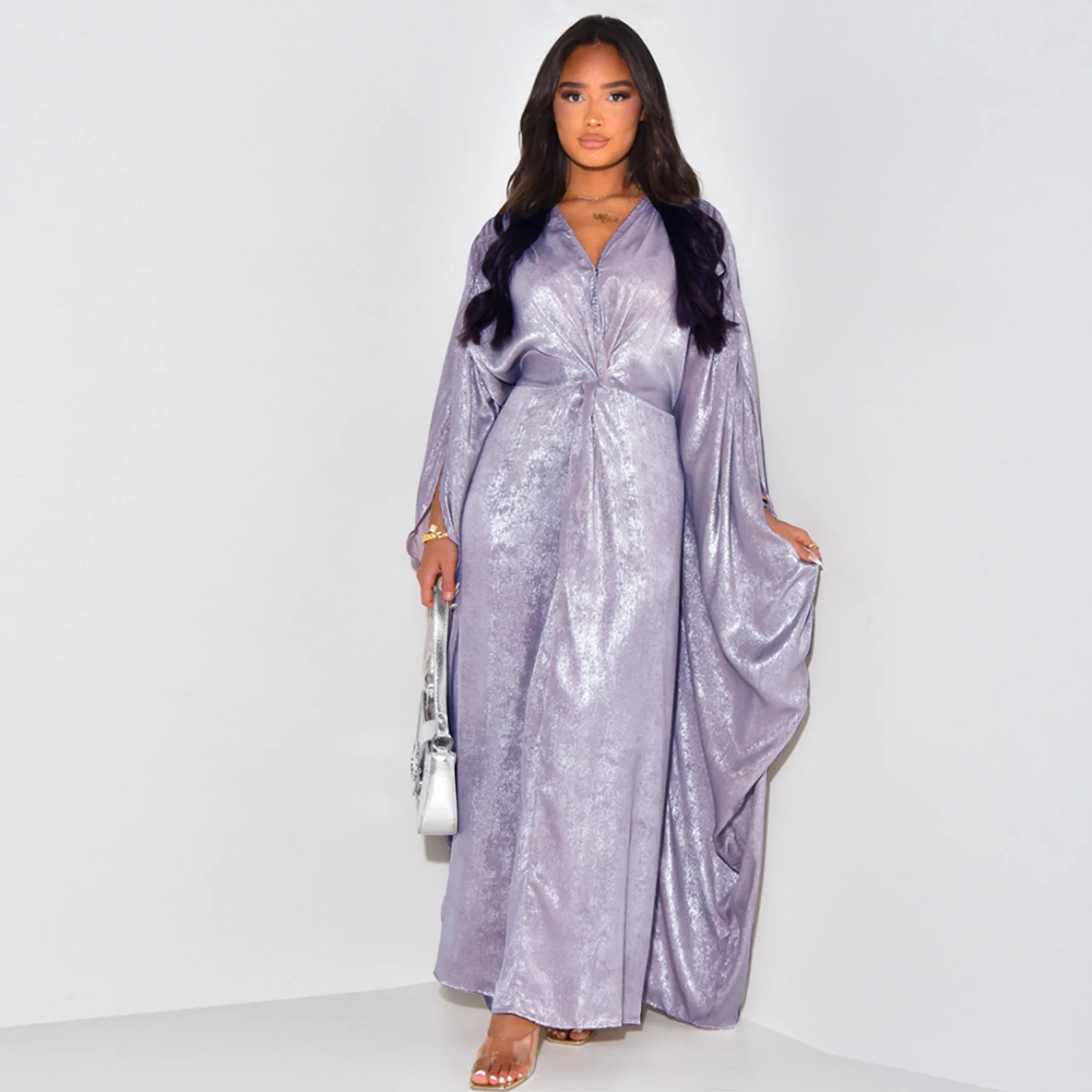  Shiny V-Neck Abaya: Modest, plus-size evening dress, Dubai fashion.