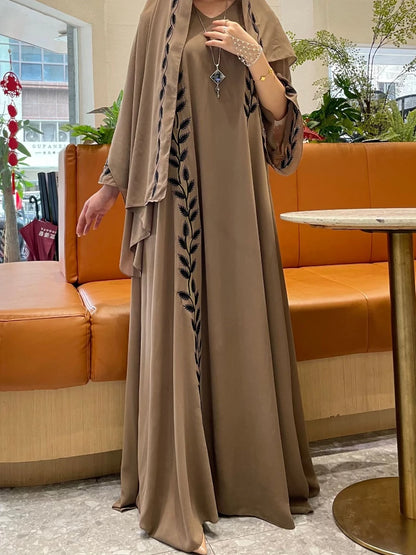 Embroidery Dress with Scarf 2 Piece Set Dubai Arab Long Robe Morocco Abayas Kaftan Headscarf Gorgeous