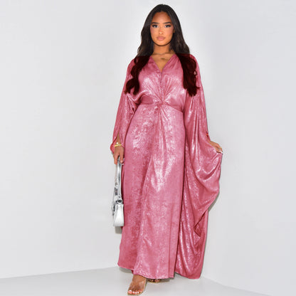  Shiny V-Neck Abaya: Modest, plus-size evening dress, Dubai fashion.