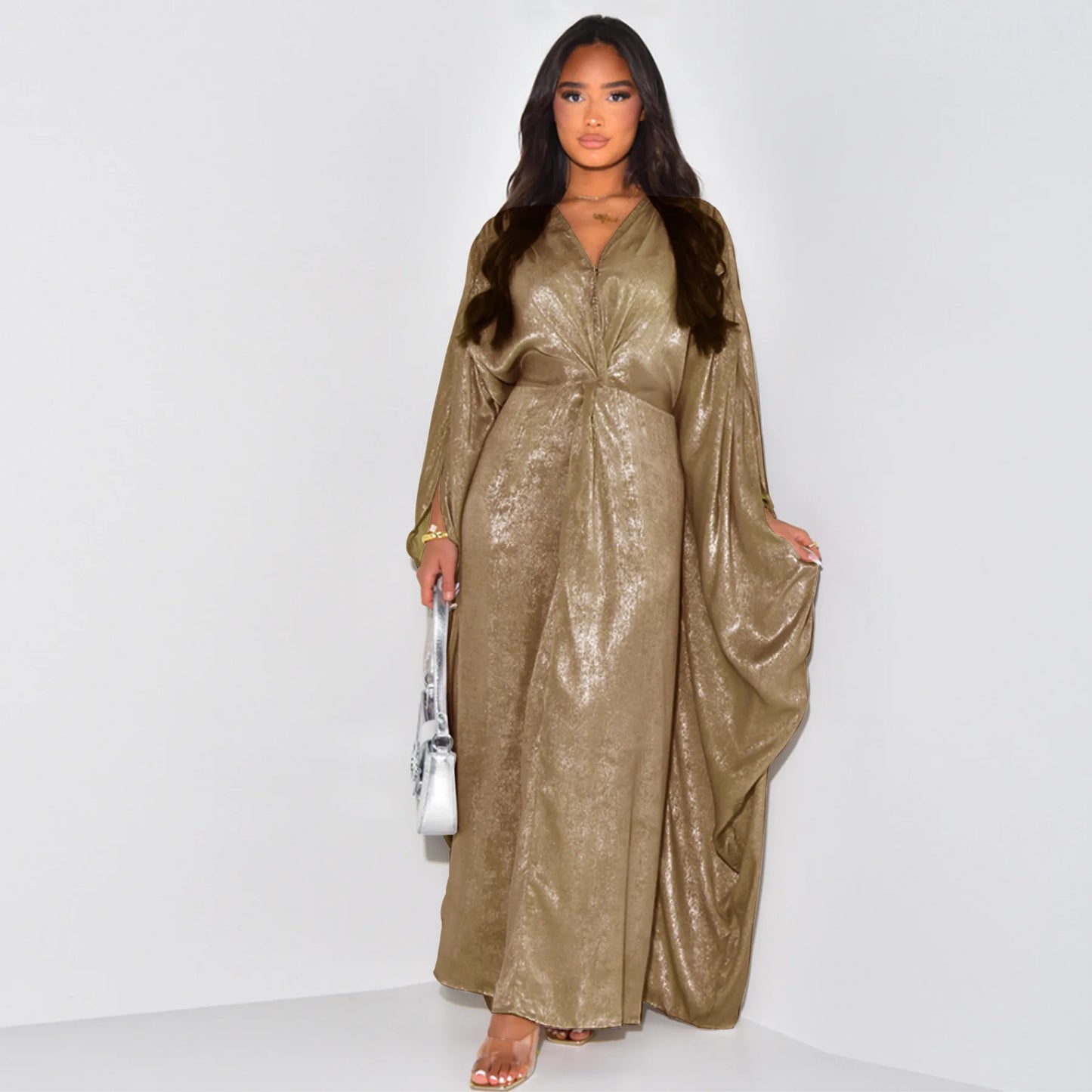  Shiny V-Neck Abaya: Modest, plus-size evening dress, Dubai fashion.