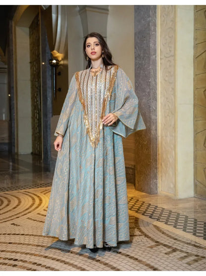 Moroccan Party Abaya: Sequined mesh kaftan, elegant long robe