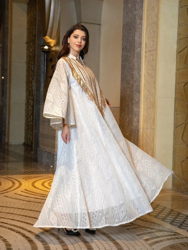 Moroccan Party Abaya: Sequined mesh kaftan, elegant long robe