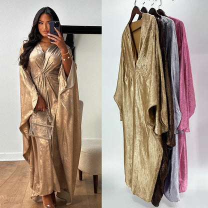  Shiny V-Neck Abaya: Modest, plus-size evening dress, Dubai fashion.