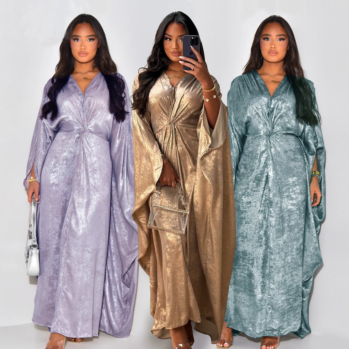  Shiny V-Neck Abaya: Modest, plus-size evening dress, Dubai fashion.