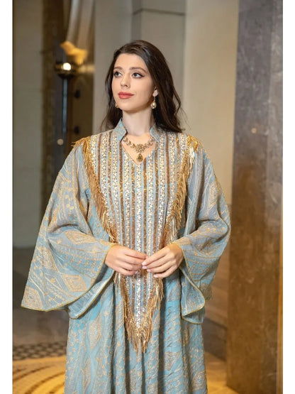 Moroccan Party Abaya: Sequined mesh kaftan, elegant long robe