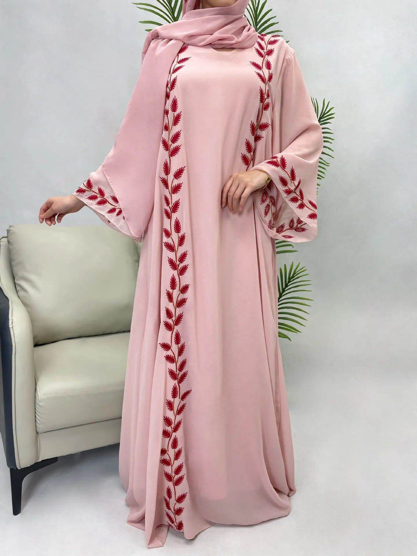 Embroidery Dress with Scarf 2 Piece Set Dubai Arab Long Robe Morocco Abayas Kaftan Headscarf Gorgeous